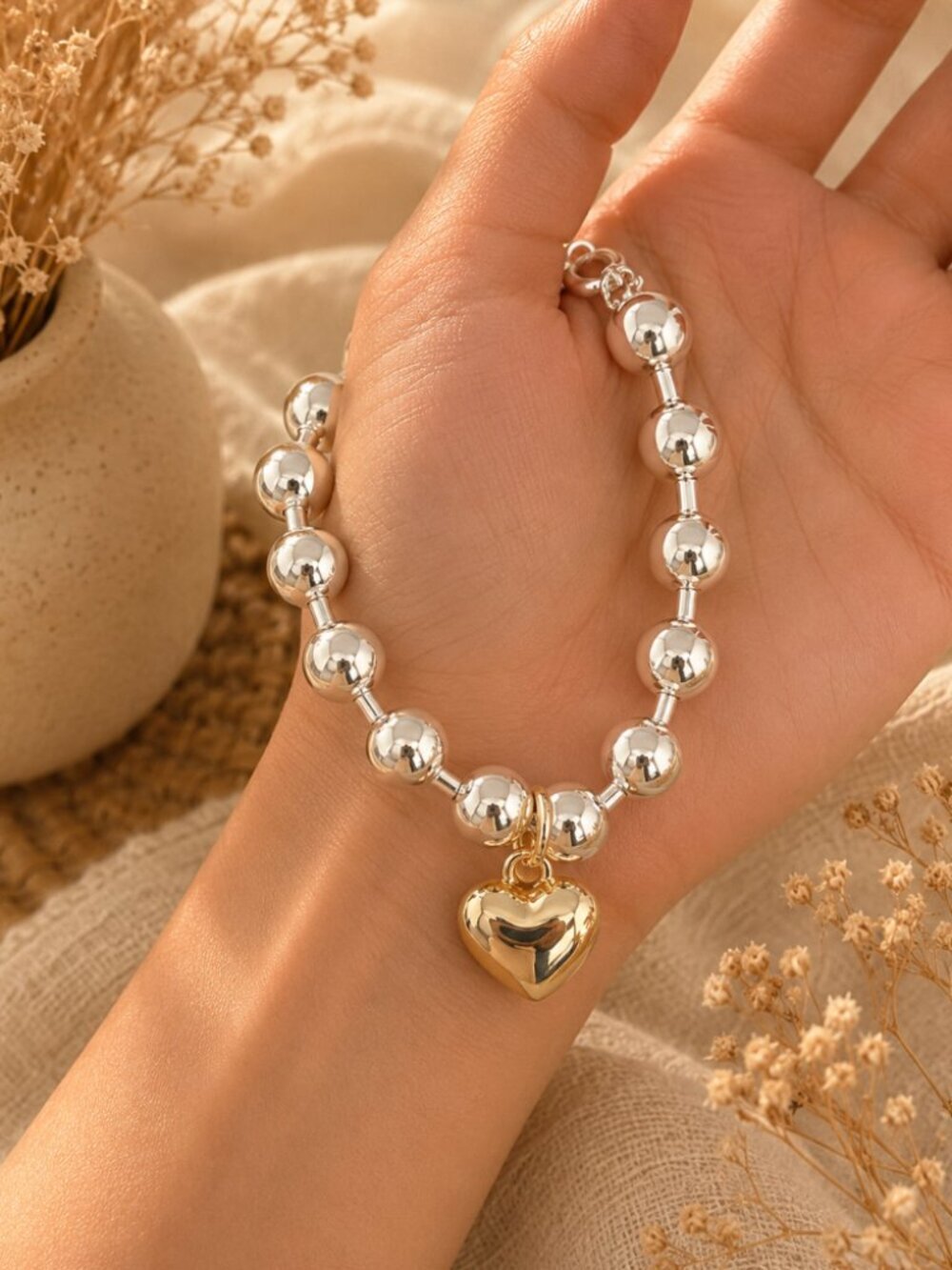 925 Sterling Silver Chunky Silver Heart Beaded Bracelet Statement Bead Bracelet